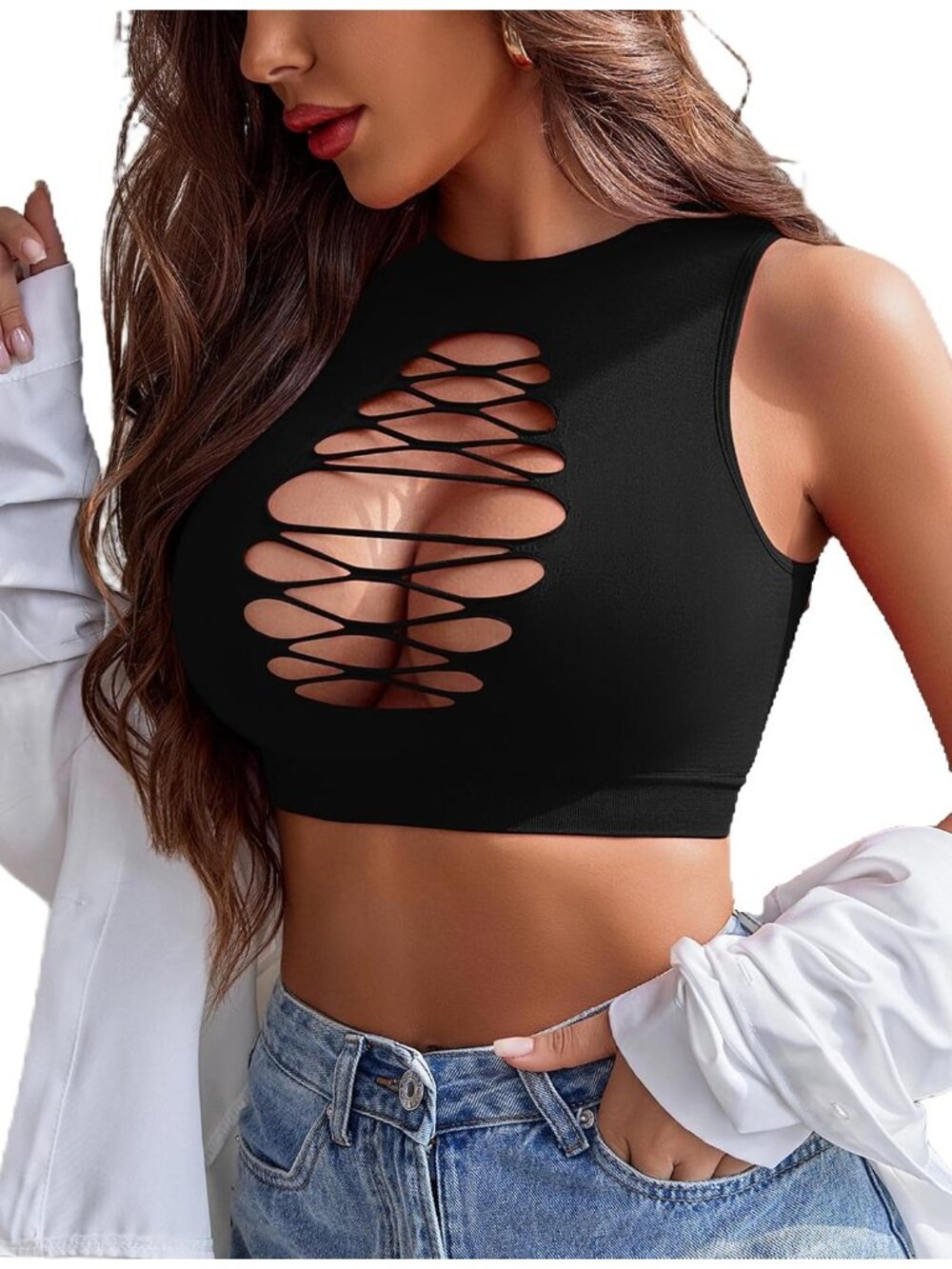 Women's Black Fishnet Crop Top Cutout Stretch Rave Goth Festival Tank One Size